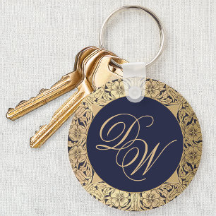 Monogram Vintage Navy Blue Gold Roses Calligraphy Keychain