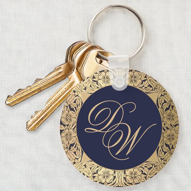 Monogram Vintage Navy Blue Gold Roses Calligraphy Keychain (Creator Uploaded)