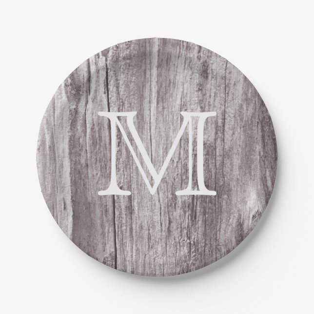 Monogram Vintage Old Wood Background Paper Plates (Front)