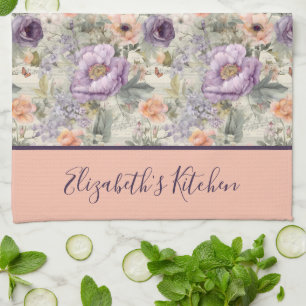 Monogram Vintage Peach Purple Floral Shabby Chic Kitchen Towel