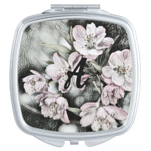 Monogram Vintage pink blossoms on a branch Compact Mirror