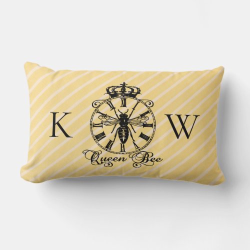 Monogram Vintage Queen Bee Clock Throw Pillow - Vintage Queen Bee Clock Yellow Striped Monogram Initials Throw Pillow