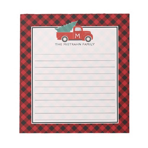 Monogram Vintage Red Truck and Tree Buffalo Plaid Notepad
