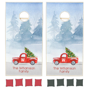 Monogram Vintage Red Truck Christmas Family Cornhole Set