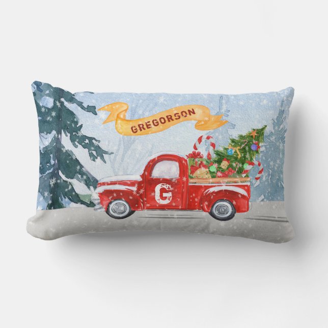 Monogram Vintage Red Truck Christmas Lumbar Pillow (Front)