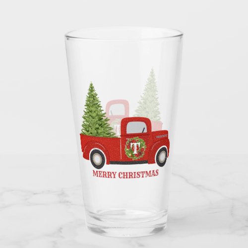 Monogram Vintage Red Truck with Christmas Tree Glass