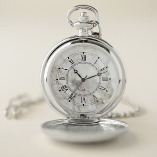 Monogram. Vintage. Roman Numerals. White Marble. Pocket Watch