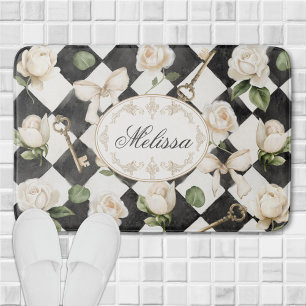 Monogram Vintage Rose Flowers Black White Diamond Bath Mat