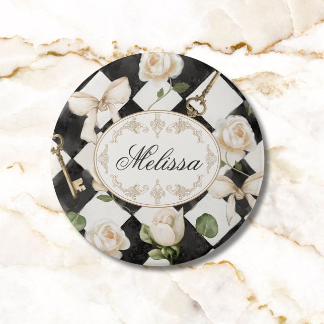 Monogram Vintage Rose Flowers Black White Diamond Button (In situ)