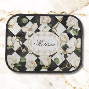 Monogram Vintage Rose Flowers Black White Diamond Car Floor Mat