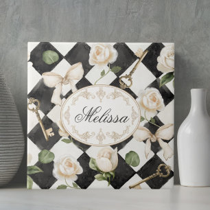 Monogram Vintage Rose Flowers Black White Diamond Ceramic Tile