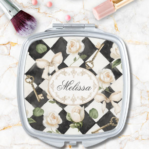 Monogram Vintage Rose Flowers Black White Diamond Compact Mirror