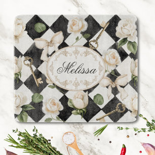 Monogram Vintage Rose Flowers Black White Diamond Cutting Board