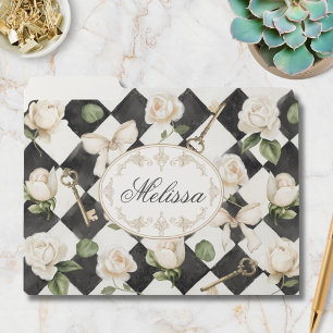 Monogram Vintage Rose Flowers Black White Diamond File Folder