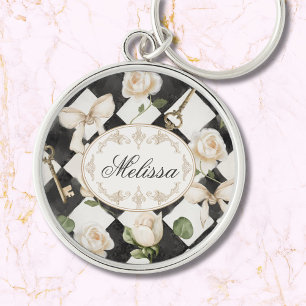 Monogram Vintage Rose Flowers Black White Diamond Keychain