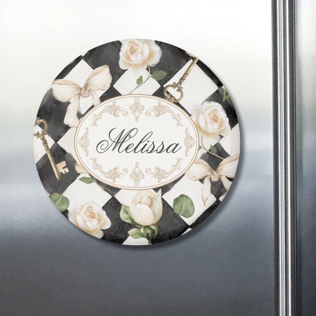 Monogram Vintage Rose Flowers Black White Diamond Magnet (In situ)
