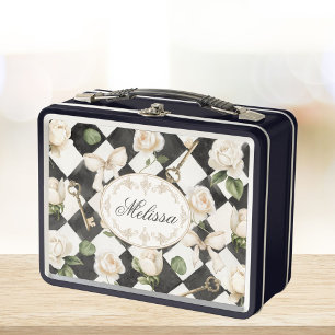 Monogram Vintage Rose Flowers Black White Diamond Metal Lunch Box