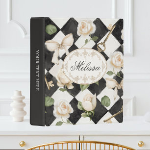 Monogram Vintage Rose Flowers Black White Diamond Mini Binder