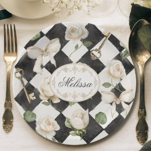 Monogram Vintage Rose Flowers Black White Diamond Paper Plates
