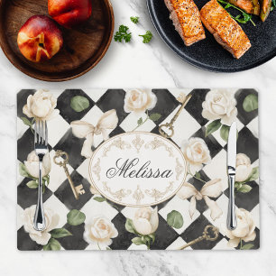 Monogram Vintage Rose Flowers Black White Diamond Placemat