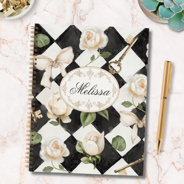 Monogram Vintage Rose Flowers Black White Diamond Planner (In situ)