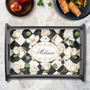 Monogram Vintage Rose Flowers Black White Diamond Serving Tray