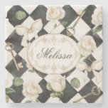 Monogram Vintage Rose Flowers Black White Diamond Stone Coaster