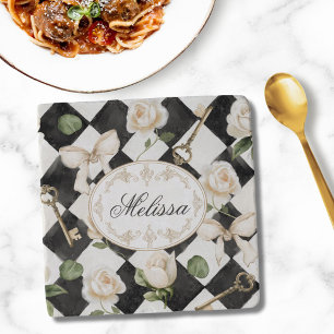 Monogram Vintage Rose Flowers Black White Diamond Trivet