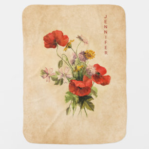 Monogram Vintage Rustic Bouquet Red Poppies Beige Baby Blanket