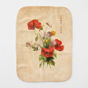 Monogram Vintage Rustic Bouquet Red Poppies Beige Baby Burp Cloth