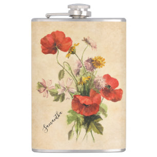 Monogram Vintage Rustic Bouquet Red Poppies Beige Flask