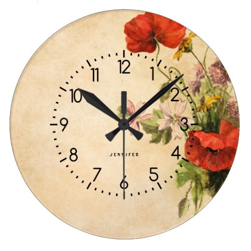Monogram Vintage Rustic Bouquet Red Poppies Beige Large Clock