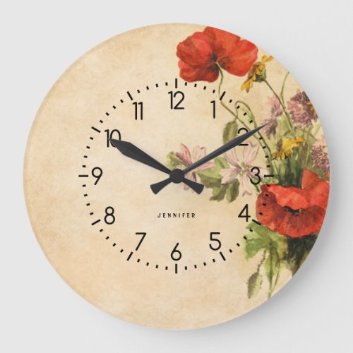 Monogram Vintage Rustic Bouquet Red Poppies Beige Large Clock