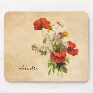 Monogram Vintage Rustic Bouquet Red Poppies Beige Mouse Pad