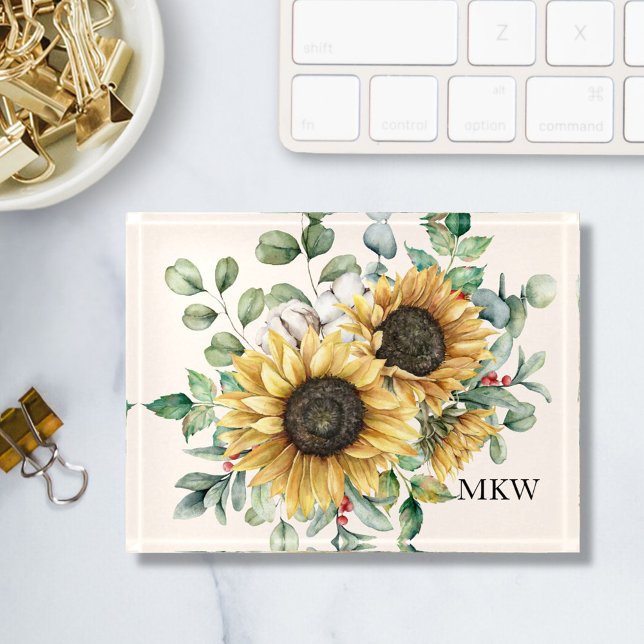 Monogram Vintage Rustic Sunflower Floral Paperweight (In situ)