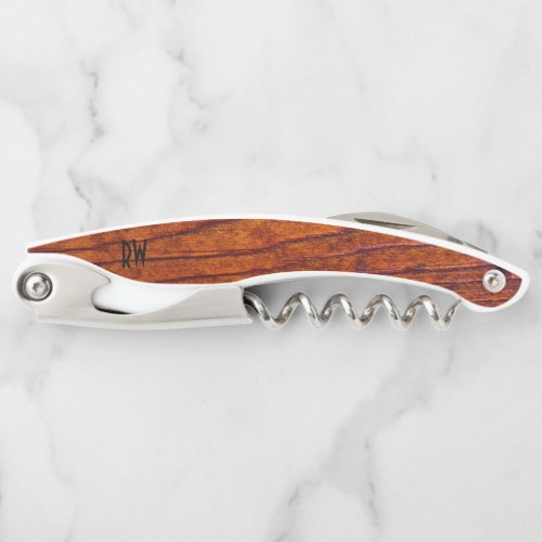 Monogram Vintage Rustic Wood Grain Rich Brown Waiters Corkscrew