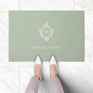 Monogram Vintage Sage Green White Crest Elegant Doormat