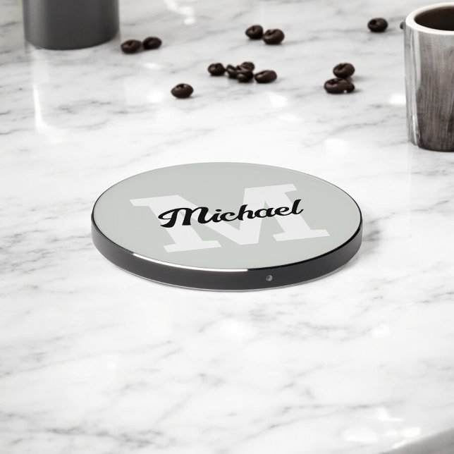 Monogram Vintage Script Sage Green Wireless Charger (Creator Uploaded)