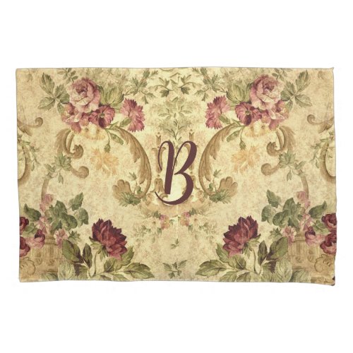 Monogram Vintage Tapestry Mauve Roses with Gold   Pillow Case