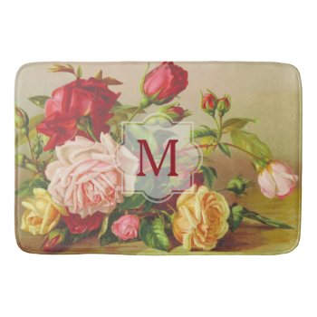 Monogram Vintage Victorian Roses Bouquet Flowers Bathroom Mat by BCVintageLove at Zazzle