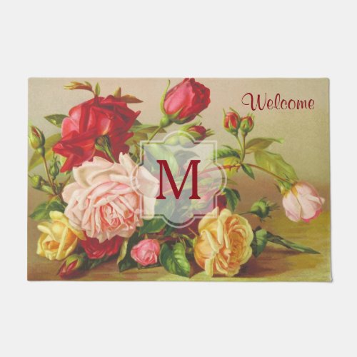Monogram Vintage Victorian Roses Bouquet Flowers Doormat