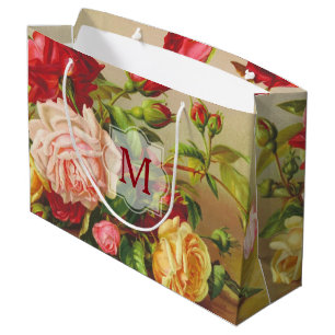 Monogram Vintage Victorian Roses Bouquet Flowers Large Gift Bag