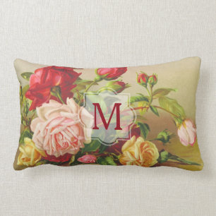 Monogram Vintage Victorian Roses Bouquet Flowers Lumbar Pillow