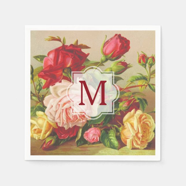 Monogram Vintage Victorian Roses Bouquet Flowers Napkins (Front)