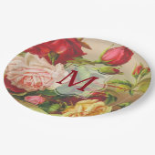 Monogram Vintage Victorian Roses Bouquet Flowers Paper Plates (Angled)