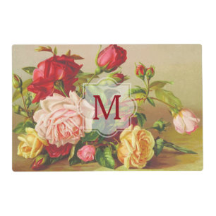 Monogram Vintage Victorian Roses Bouquet Flowers Placemat