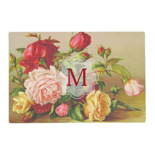 Monogram Vintage Victorian Roses Bouquet Flowers Placemat