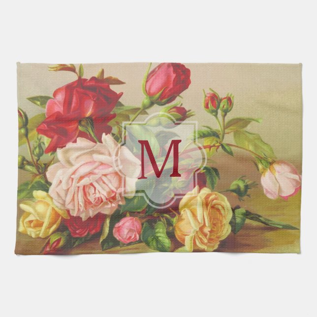 Monogram Vintage Victorian Roses Bouquet Flowers Towel (Horizontal)