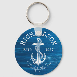 Monogram Vintage White Anchor Blue Painted Wood Keychain