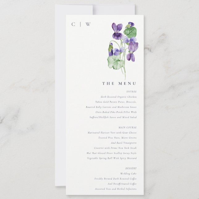 Monogram Violet Floral Bunch Wedding Menu Card (Front)